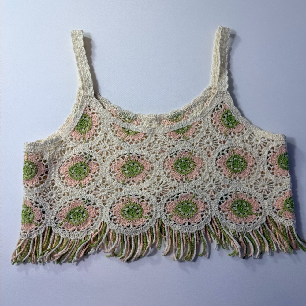 Women’s Crochet Fringe Camisole Crop Top in Cream, Pink & Green
